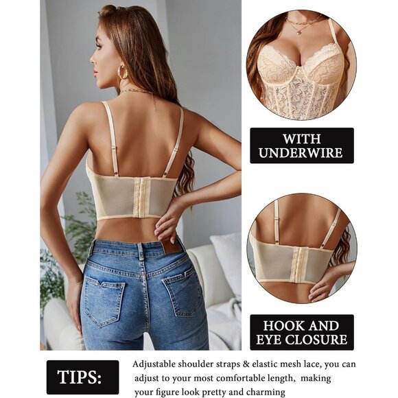 Lace Bralette Women's Crop Top V Neck Bustier Sleeveless Adjustable - Picture 2 of 5